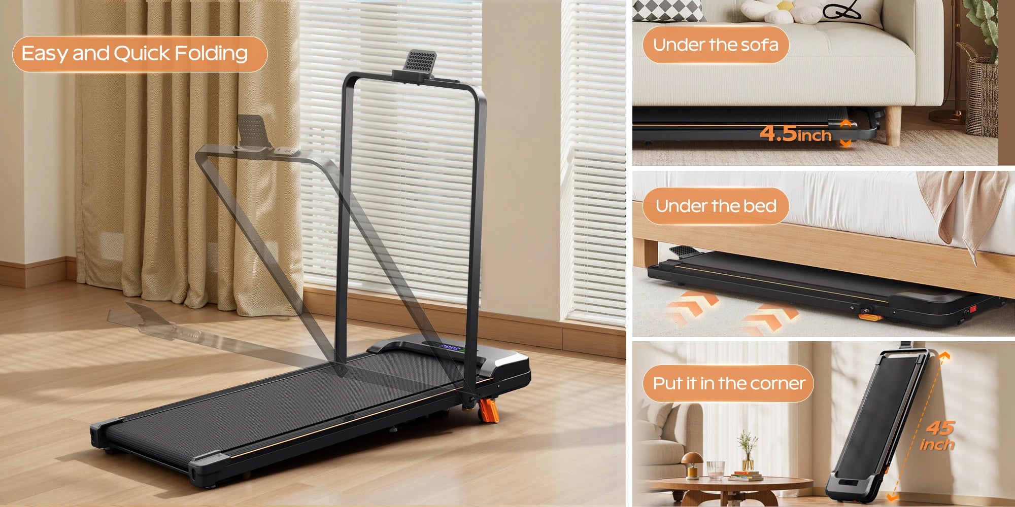 4-in-1 Folding Treadmill with Handrail — Walk, Run, Incline & Under-Desk