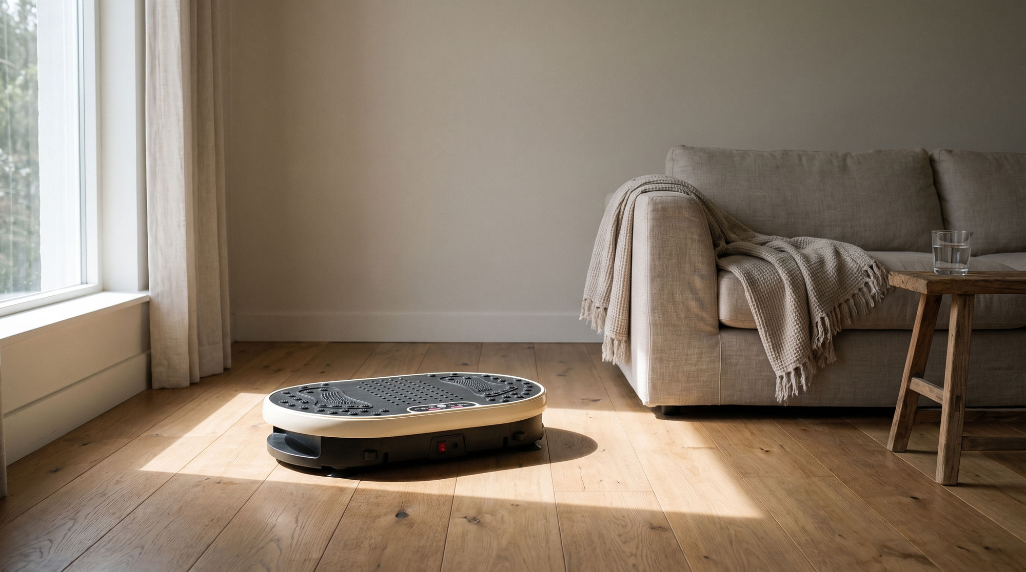 Vibration plate resting on the oak floor of a calm living room in late morning light
